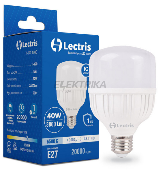 Світлодіодна лампа Lectris LED T120 40W 6500K 220V E27 (1-LC-1603)