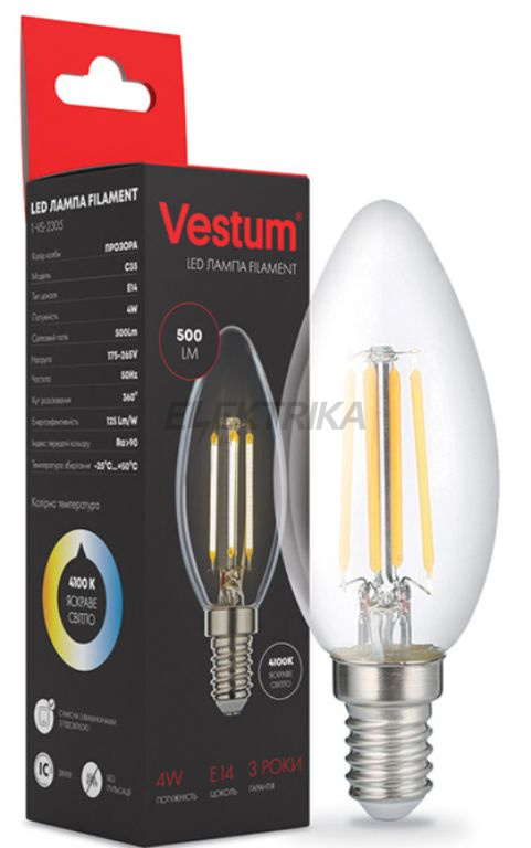 Лампа світлодіодна філамент Vestum LED С35 4W 220V 4100К E14 (1-VS-2305)