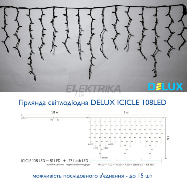 Гірлянда зовнішня DELUX ICICLE 108LED 2x1m 27 flash IP44 червоний/чорний EN (90012944)