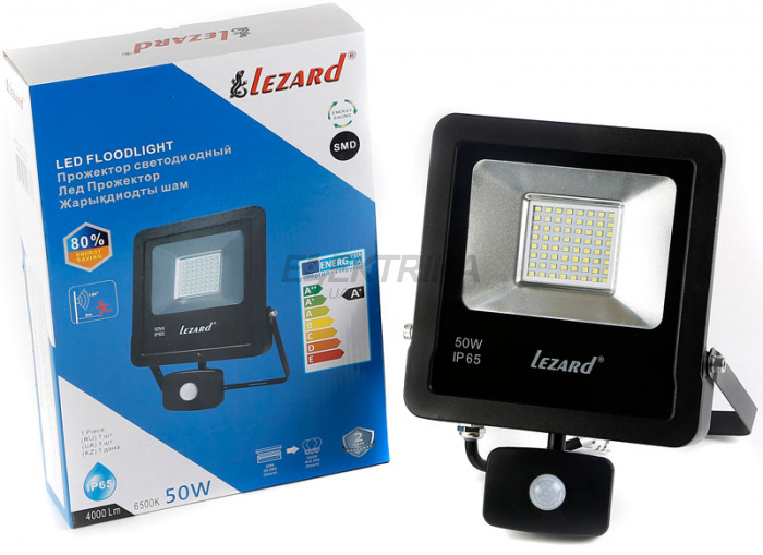 Прожектор світлодіодний Lezard 50W, IP65 6500K 4000Lm з датчиком руху (PAL6550S)