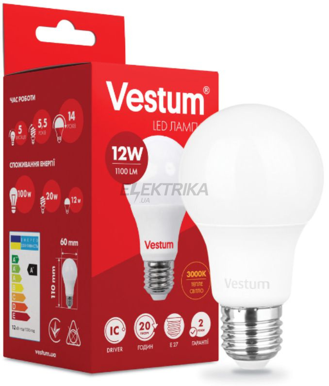 Світлодіодна лампа Vestum LED A60 12W 3000K 220V E27 (1-VS-1104)