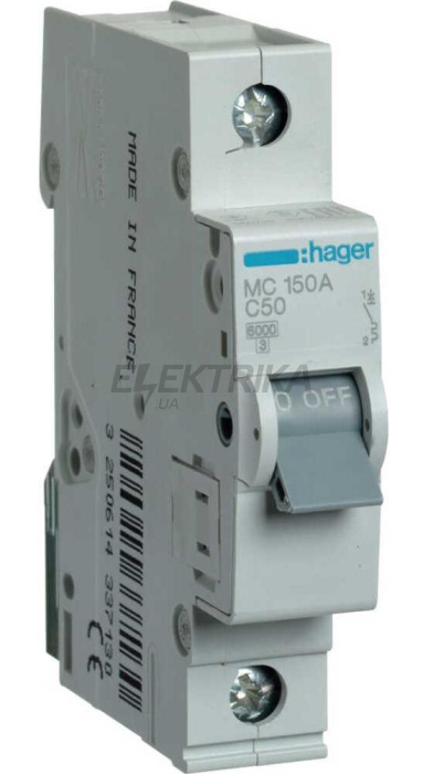 Автоматичний вимикач Hager 1P 50A C 6kA (MCN150)