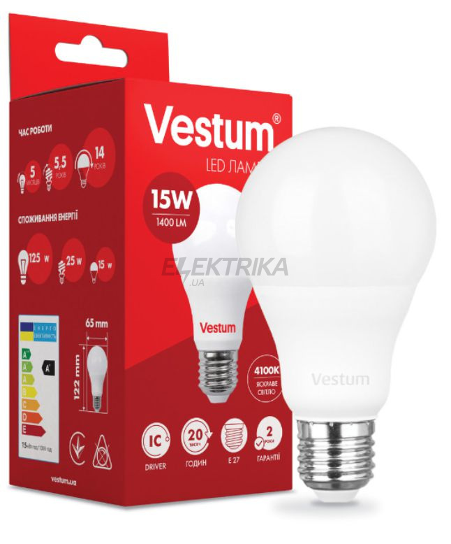 Світлодіодна лампа Vestum LED A65 15W 4100K 220V E27 (1-VS-1101)