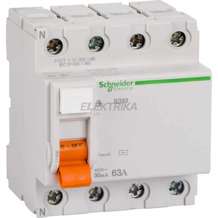 Вимикач диференціального струму Schneider Electric Диференціальний Вимикач навантаження ВД63 4П 63A 30MA АС, Іспанія 11466