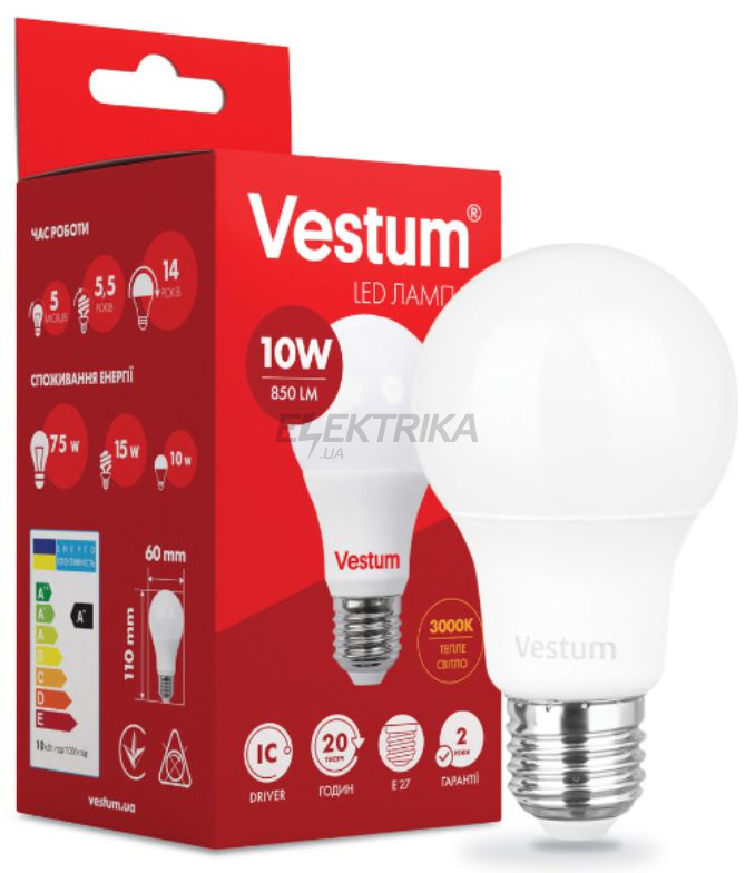 Світлодіодна лампа Vestum LED A60 10W 3000K 220V E27 (1-VS-1106)