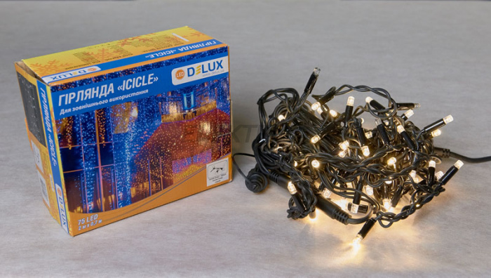 Гірлянда зовнішня DELUX ICICLE 75LED 2x0.7m теплий білий/чорний IP44 EN (90016595)