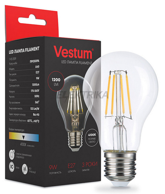 Лампа світлодіодна філамент Vestum LED А60 9W 220V 4100К E27 (1-VS-2109)