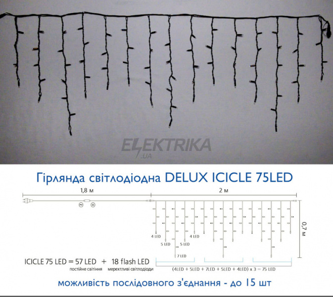 Гірлянда зовнішня DELUX ICICLE 75LED 2x0.7m синій/чорний IP44 EN (90016593)