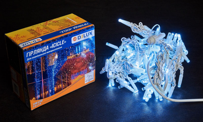 Гірлянда зовнішня DELUX ICICLE 108LED 2x1m 27 flash білий/білий IP44 EN (90012939)