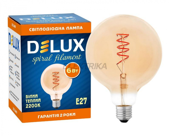 лампа світлодіодна DELUX Globe G125 6w 2200K Е27 amber spiral filament білий теплий