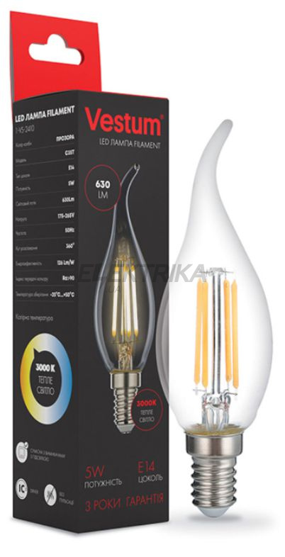 Лампа світлодіодна філамент Vestum LED С35T 5W 220V 3000К E14 (1-VS-2410)